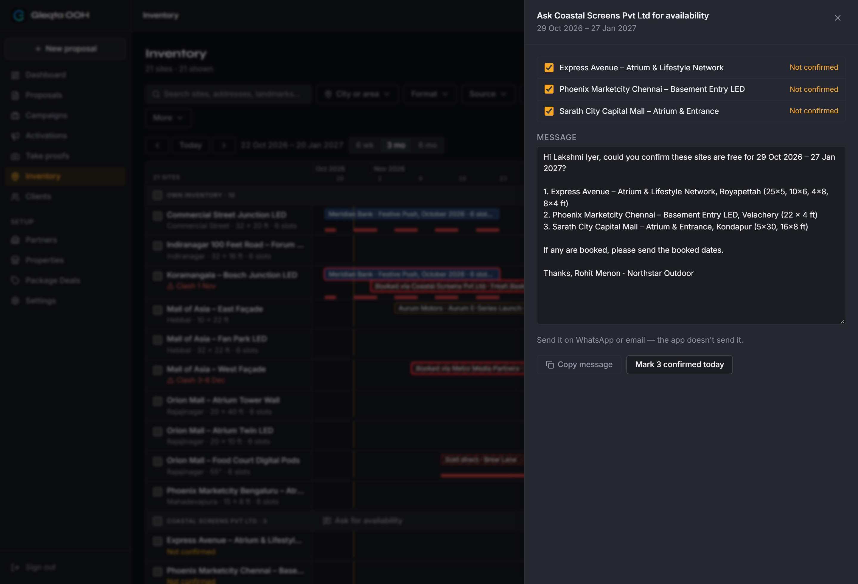 The Ask for availability panel in Gleqta: three partner sites marked Not confirmed, a message addressed to the partner contact with the sites and dates listed, and Copy message and Mark confirmed buttons.