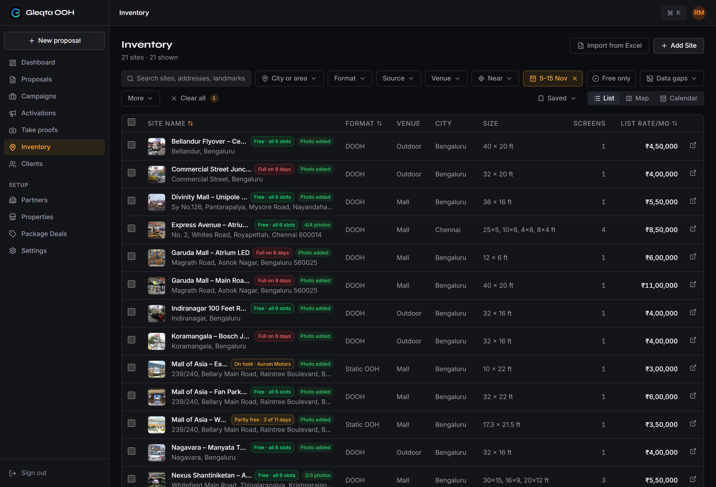 The Inventory list in Gleqta with a 5 to 15 November date filter: each site carries a badge, such as Free, all 6 slots, Full on 8 days, Partly free, or On hold, and a Free only toggle is beside the filter.