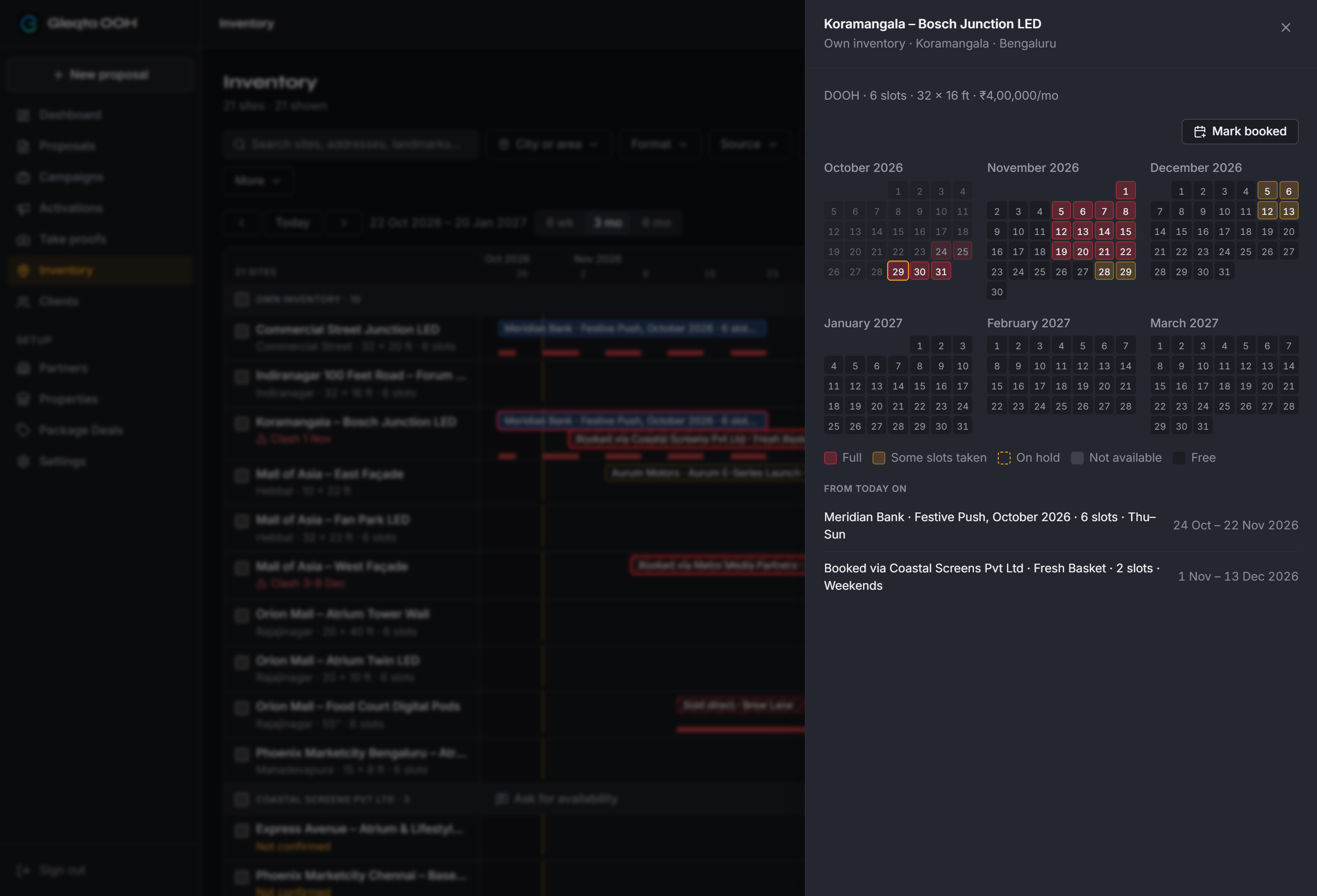 One site's panel in Gleqta: six months of days marked full, partly taken, on hold or free, with the bookings coming up listed underneath and a Mark booked button.