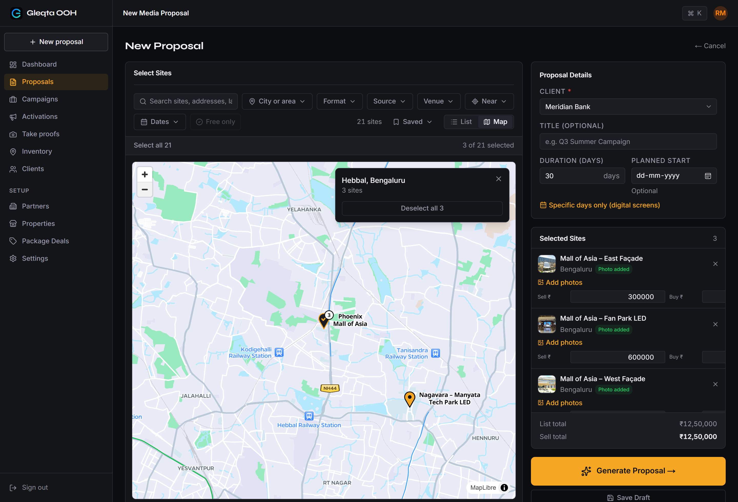 New Proposal in Gleqta with the sites on a map of north Bengaluru. A popup for Hebbal offers Deselect all 3, the three selected sites are listed on the right with a sell total of ₹12,50,000, and Generate Proposal is ready.