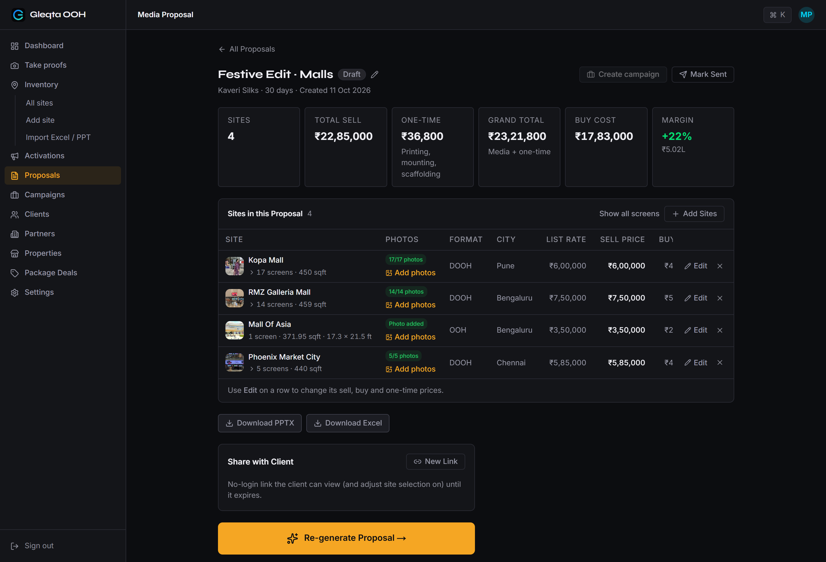 A generated proposal in Gleqta: four sites with photo counts, rates, one-time costs, grand total, buy cost and a 22% margin, and Download PPTX and Excel buttons.